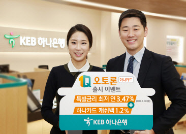 KEB하나은행 홍보 모델이 하나카드와 함께 기획한 신차구입자금대출 '1Q오토론(하나카드)출시 이벤트'를 알리고 있다. KEB하나은행 제공